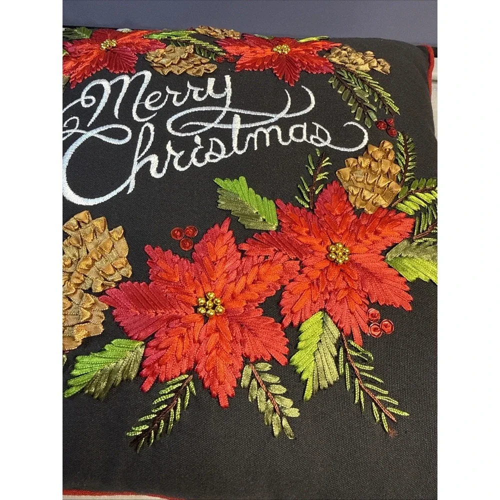 Embroidered Merry Christmas Poinsettia Throw Pillow Black Velvet Holiday Decor